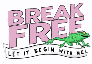 Konventets logotype: Break free, let it begin with me och en groda som hoppar.